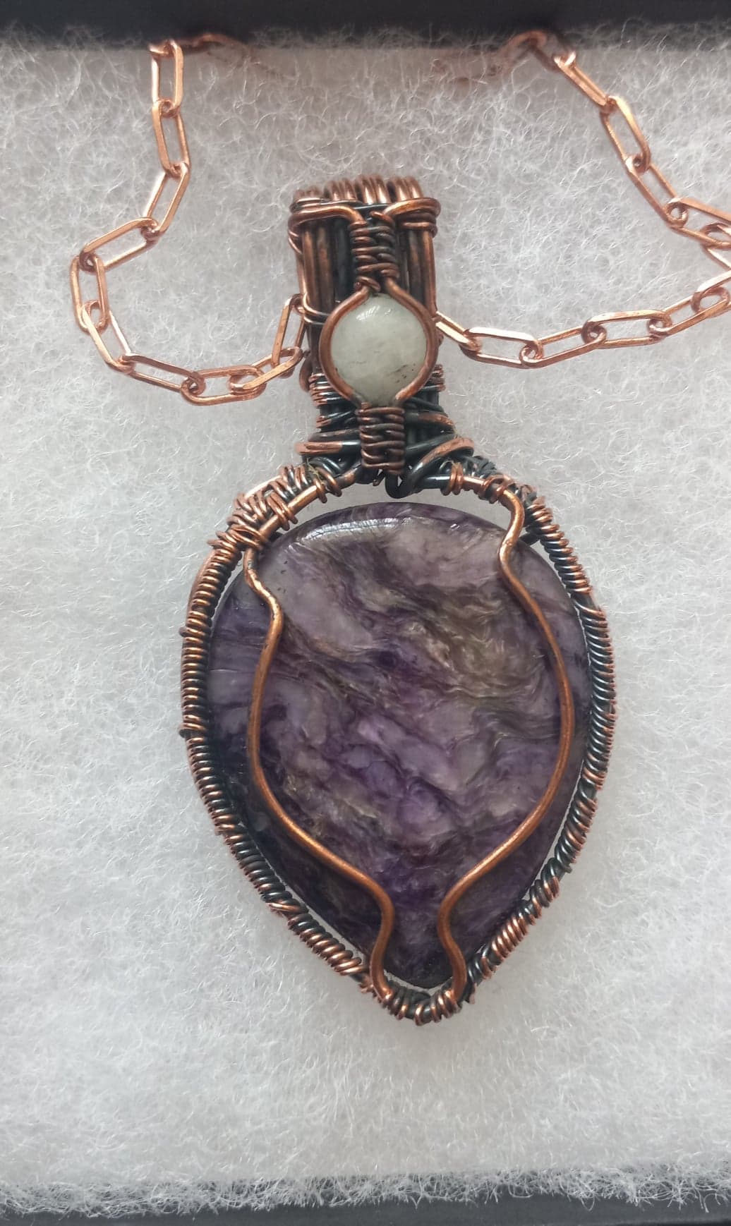 Charoite Copper Wire Wrapped Handmade Pendant with Rainbow Moonstone